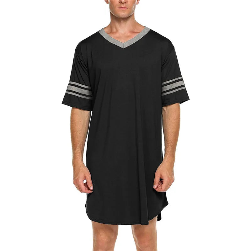 Men's Short Sleeve Cotton Nightshirt Robes V-neck Loose Nightwear - Image 10