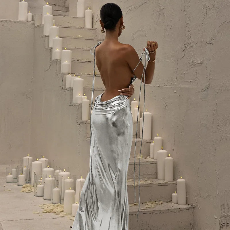 Strapless Metallic Gilding Maxi Party Dress with Spaghetti Straps - Image 3