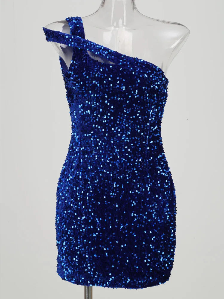 Blue Velvet One Shoulder Glitter Mini Dress for Women - Image 4