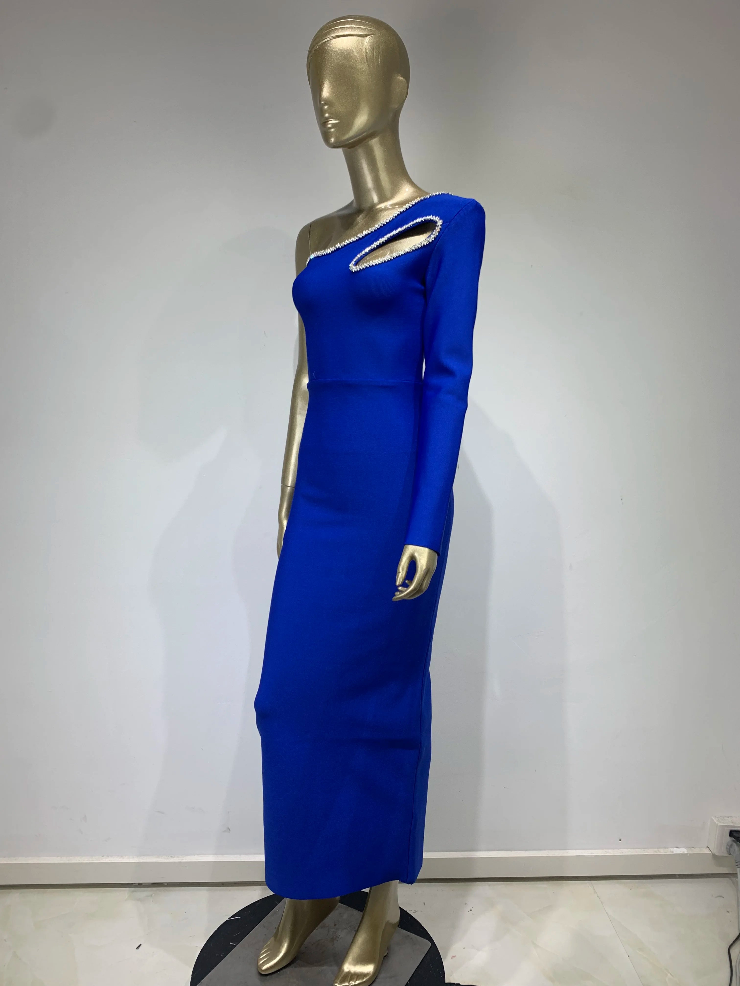 Blue One Shoulder Bodycon Bandage Dress with Diamonds - Image 6