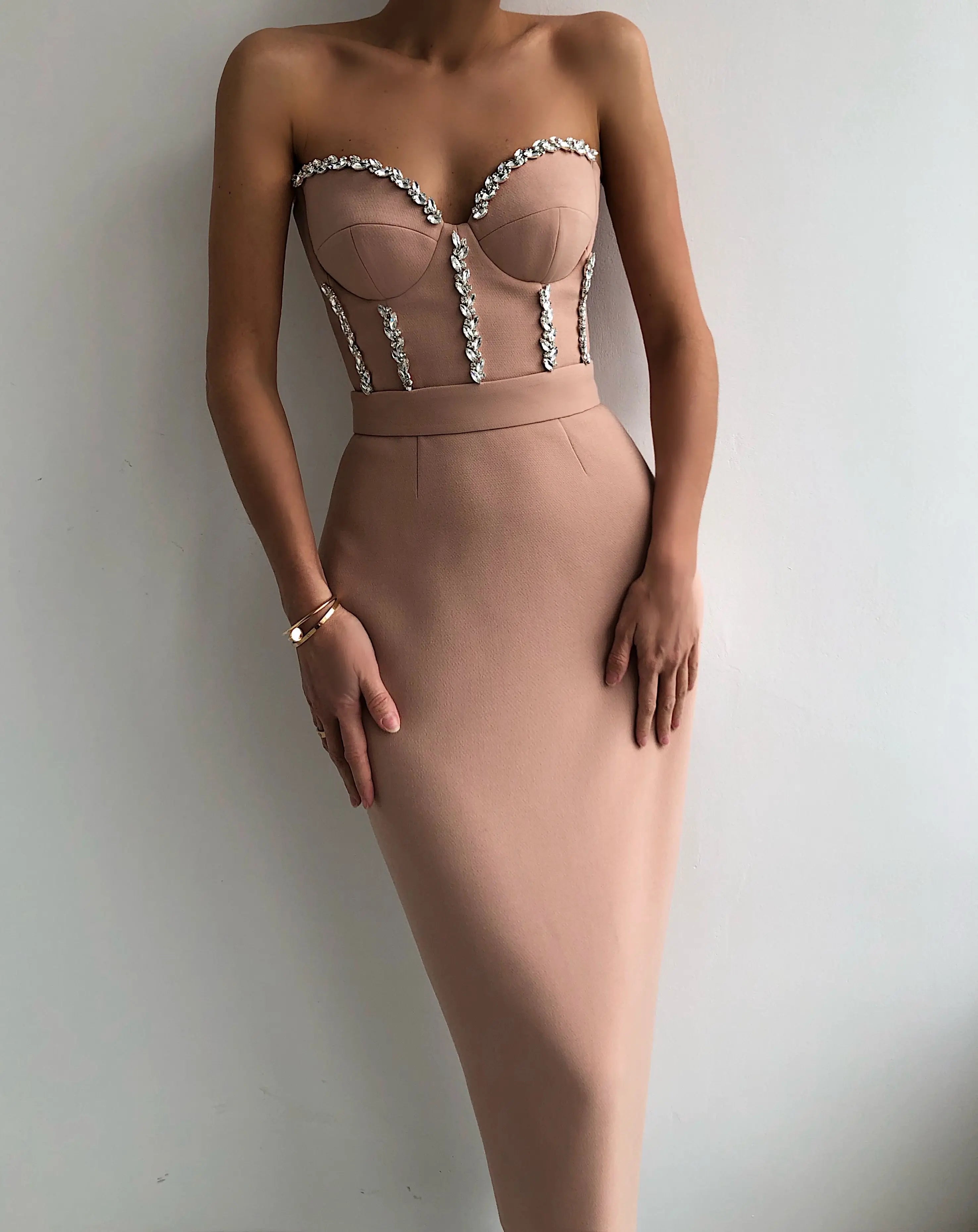 Black Strapless Crystal Midi Bandage Dress for Prom and Parties