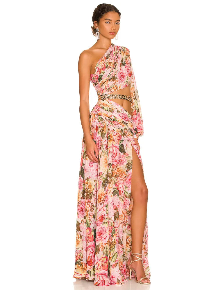 One Shoulder Floral Long Chiffon Maxi Dress for Women - Image 3