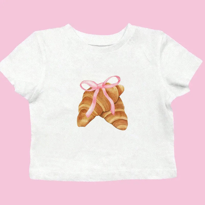 Gothic Street Black Baby Tee Top with Bread Print, Emo Style - Image 4