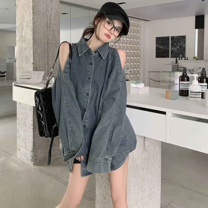 Off Shoulder Denim Coat: Women's Streetwear Blouse - Image 7