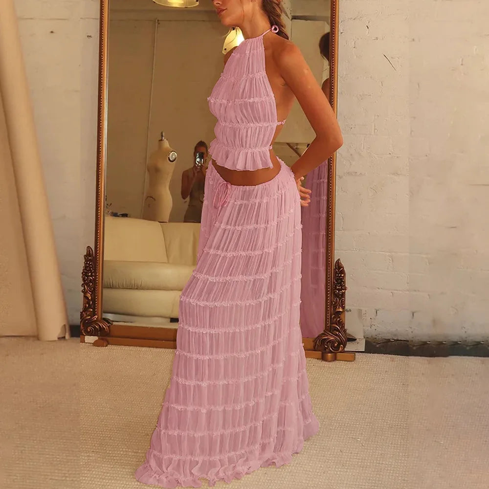 Ruffles Pleated Beach 2-Piece Set: Halter Crop Top & Long Skirt - Image 7