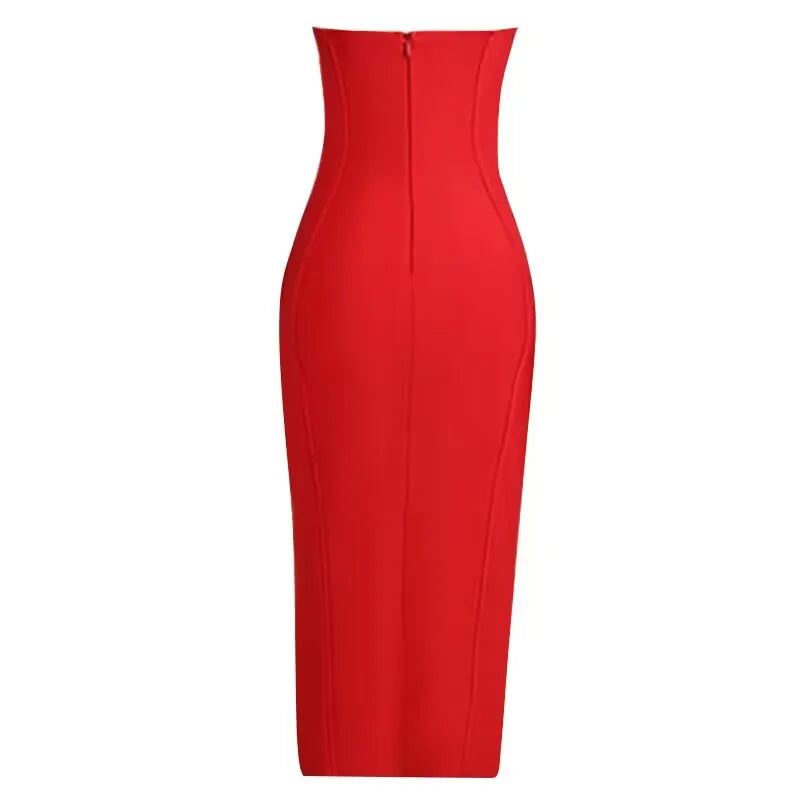 Red Backless Shoulder Slim Midi Dress for Women - Elegant Split Bodycon - Image 6