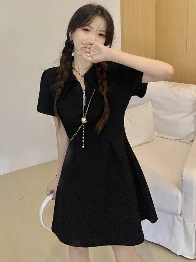 Summer Korean Zipper Polo Neck Streetwear Mini Dress