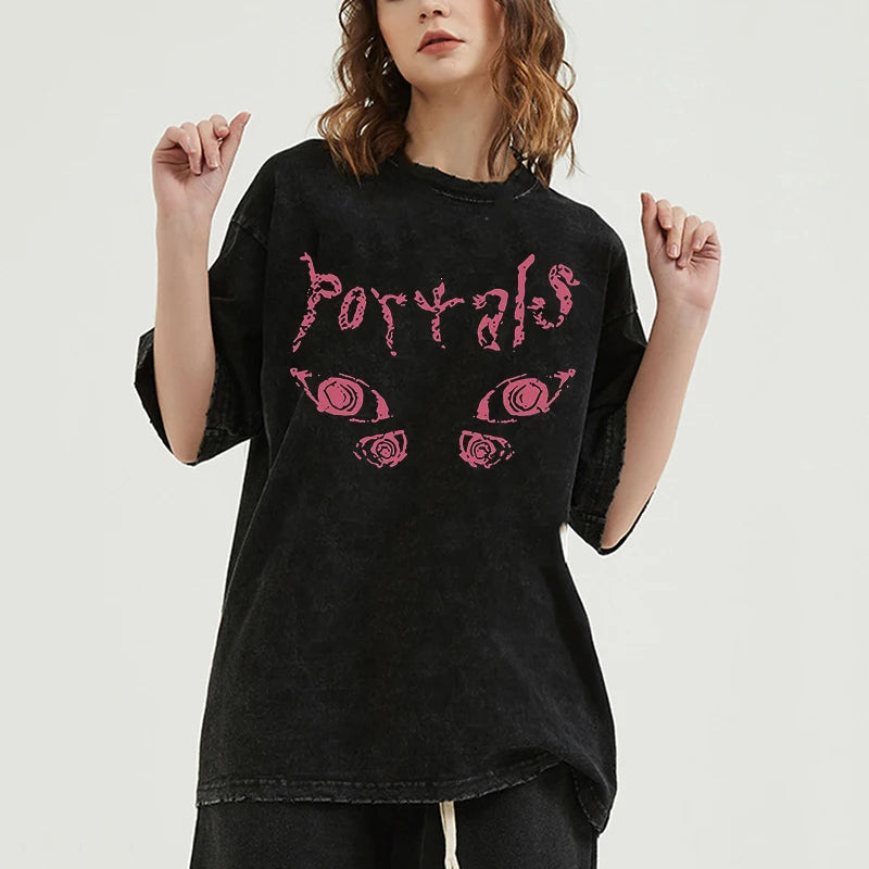 Summer hip hop streetwear distressed t-shirt with letter print - Washed Black - Image 3