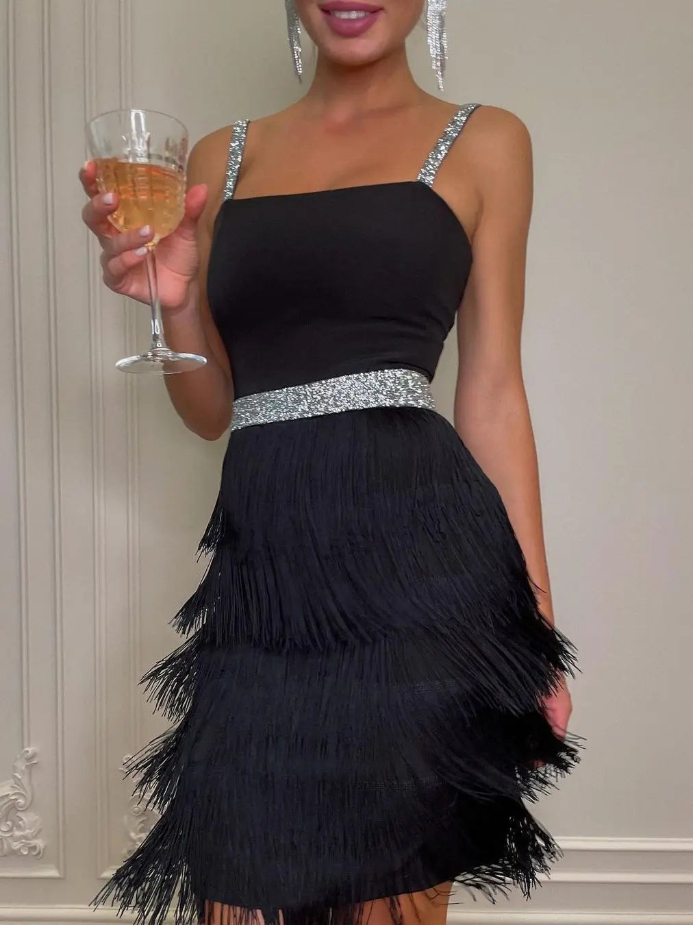 Sleeveless Fringed Mini Bandage Dress Spaghetti Strap Bodycon Evening Dress - Image 4