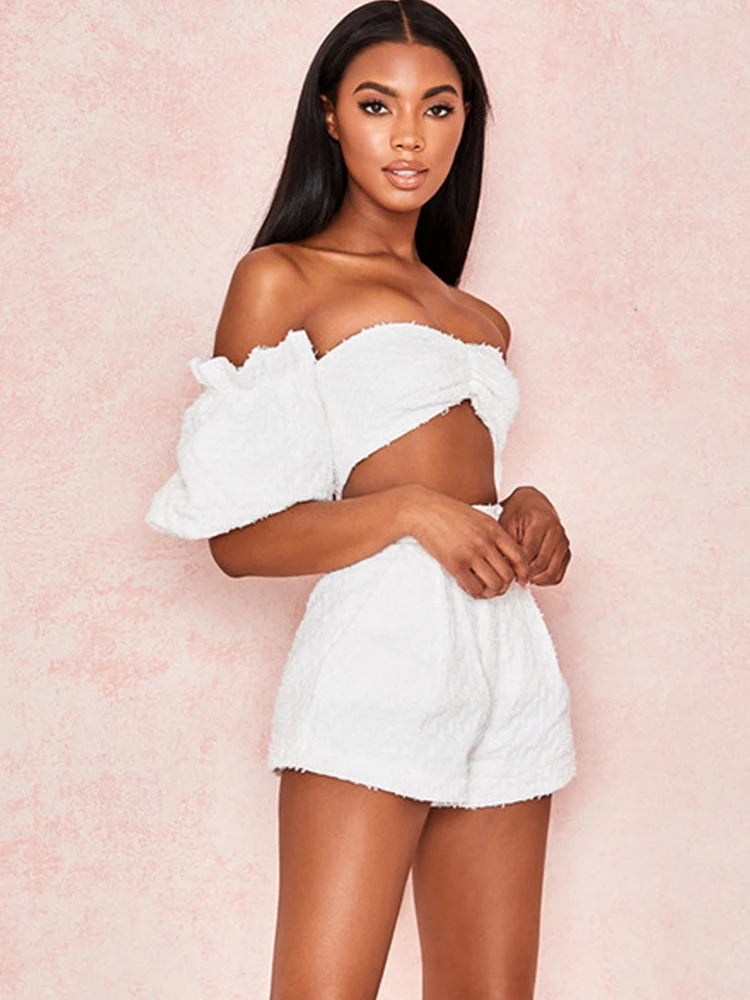 Women's Shoulder Puff Sleeve Crop Top and Wide Shorts Set - Image 6