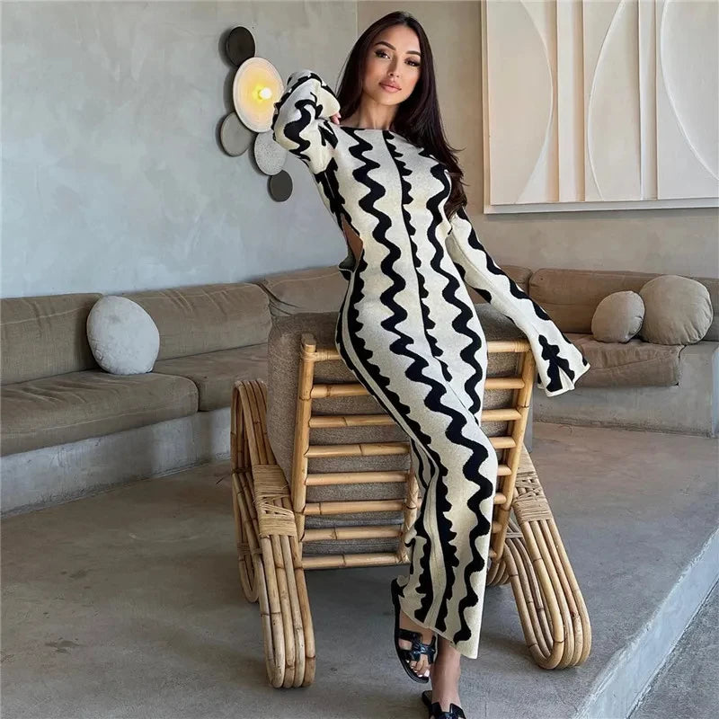 Wave Print Knitted Long Sleeve Pencil Dress for Women - Image 6