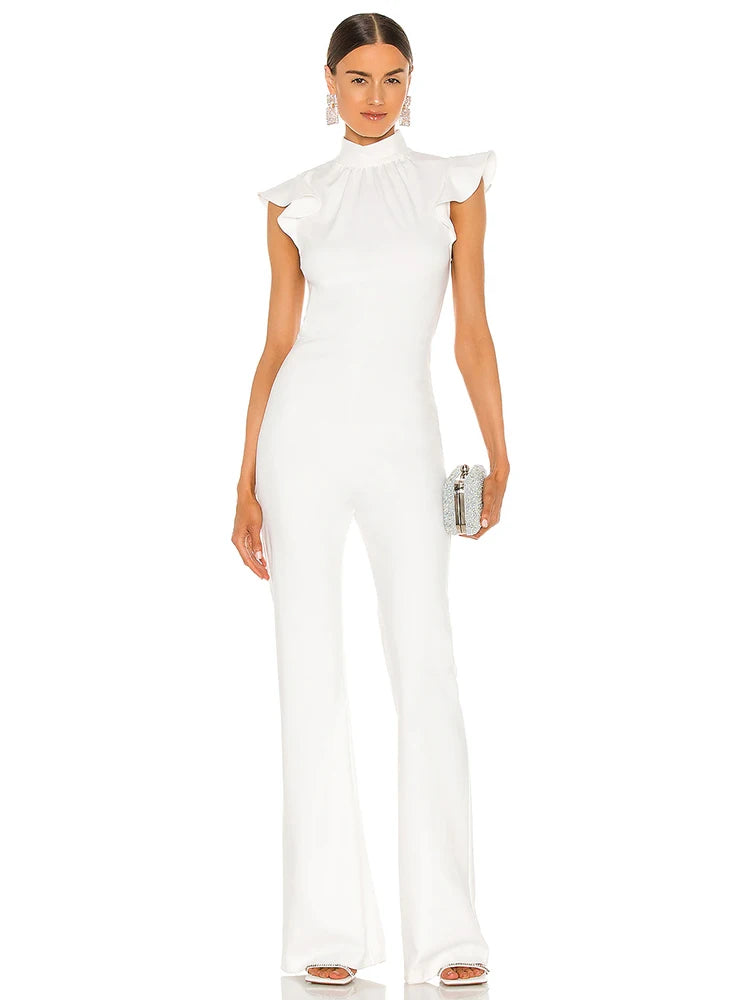 Elegant Sleeveless White Ruffles Jumpsuit for Evening Party Clubwear