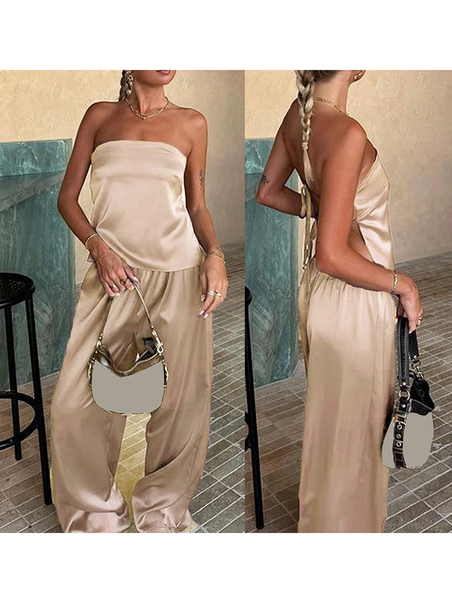Women's Bandage Backless Tube Top and Wide Leg Pants Set - Image 9