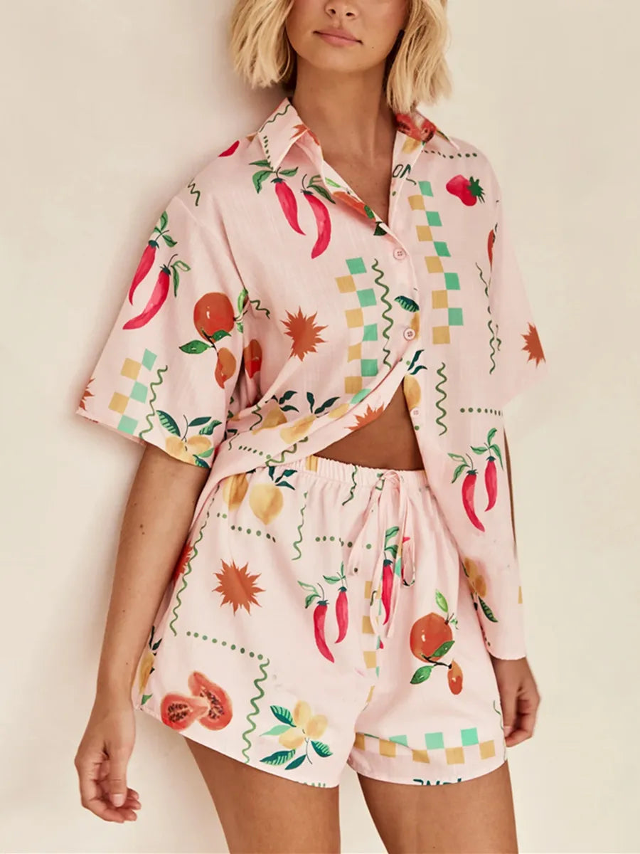 Summer Fruits and Vegetable Print Women's 2 Piece Short Set