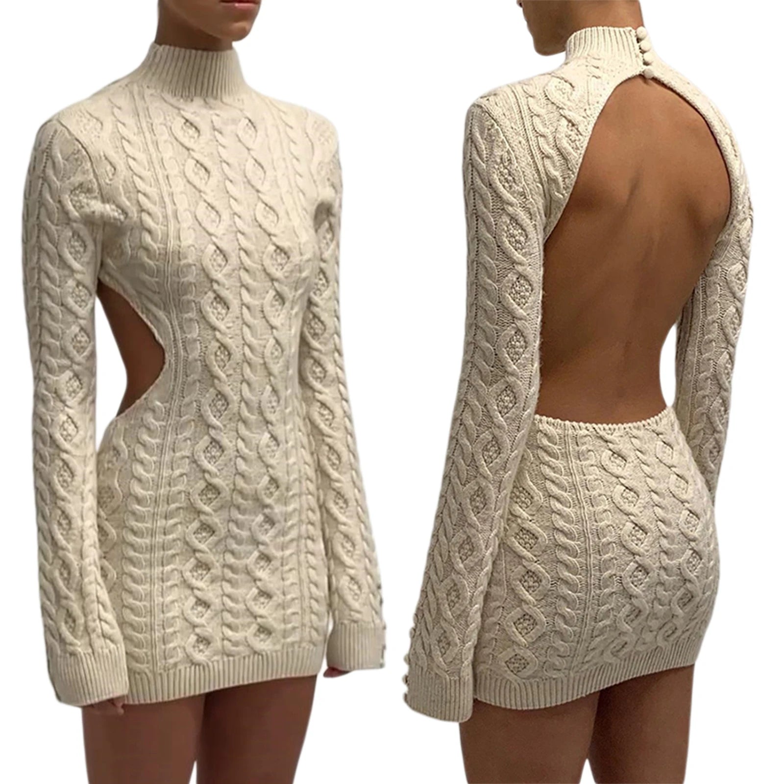 Sexy Backless Knit Turtleneck Slim Dress - Beige Solid Color