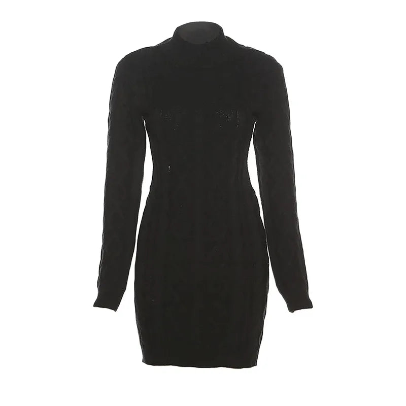 Sexy Backless Knit Turtleneck Slim Dress - Beige Solid Color - Image 4