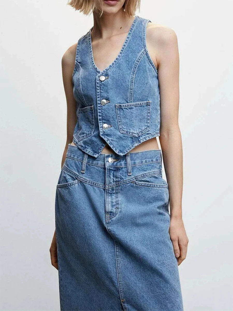 Women's Sleeveless Denim Vest with V-Neck and Pockets - Image 4
