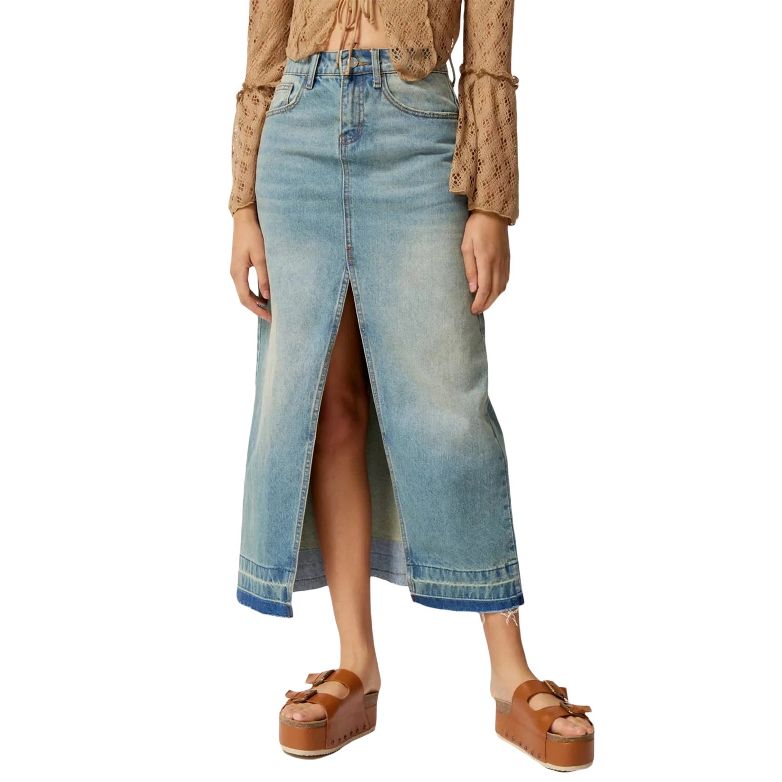 Women High Waist Front Split Denim Midi Skirt Streetwear - Image 2