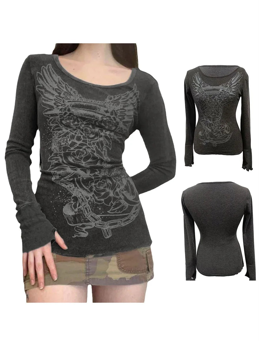 Women's Gothic Graphic Print Long Sleeve Crew Neck Slim Fit Shirt - Image 6