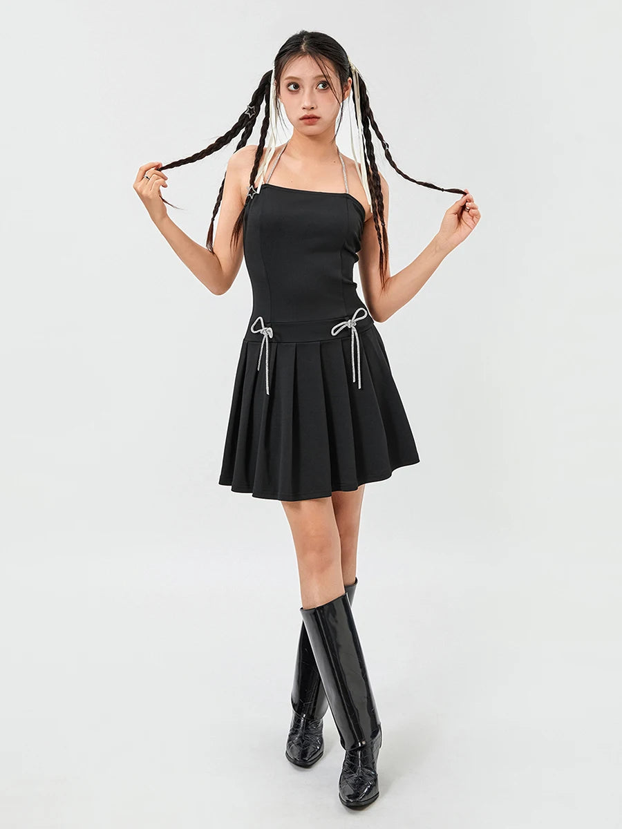 Women's Halter Neck Backless Bow Tie Black Party Mini Dress - Image 4