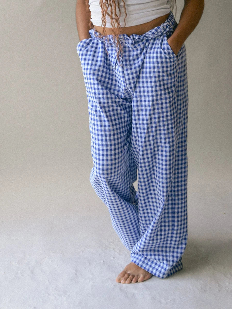Plaid Elastic Drawstring Pants with Pockets for Women - Versatile Comfort