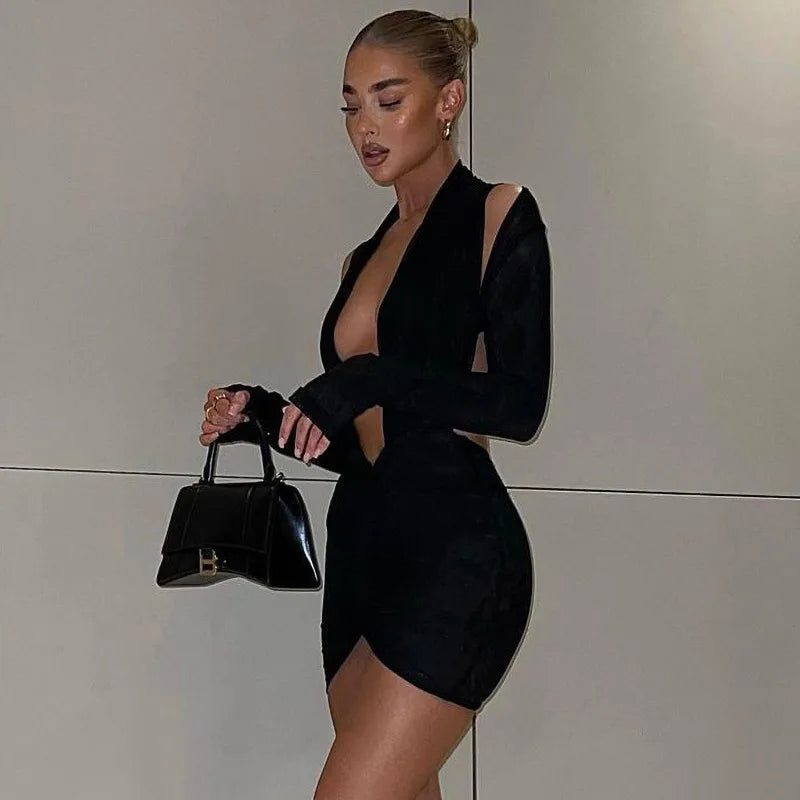 Ruched Bodycon Mini Dress for Women - Deep V-Neck, Backless - Image 3