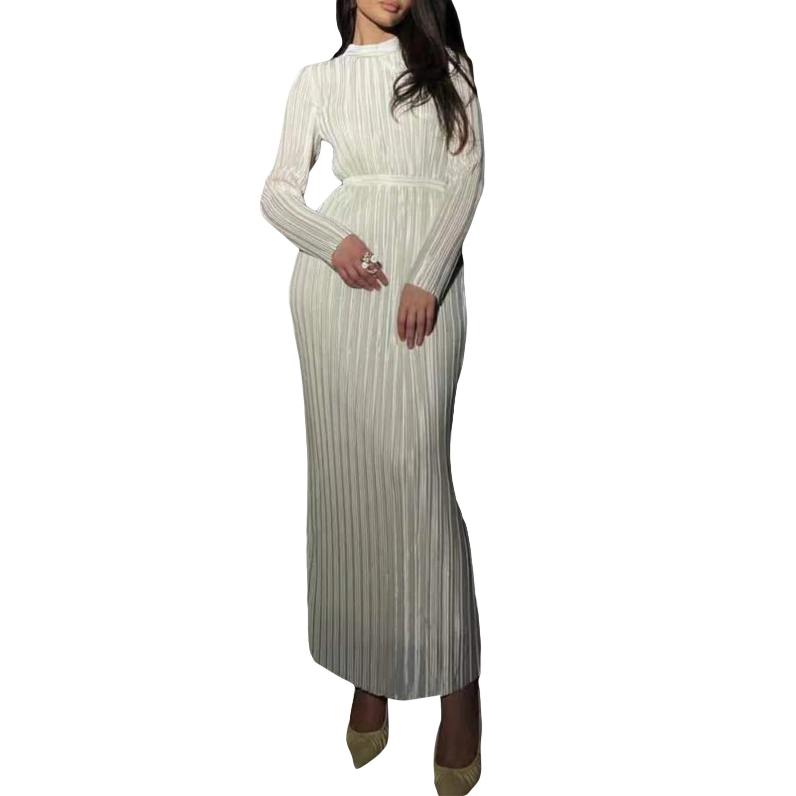 Solid Color Half High Neck Long Sleeve Bodycon Dress - Image 2