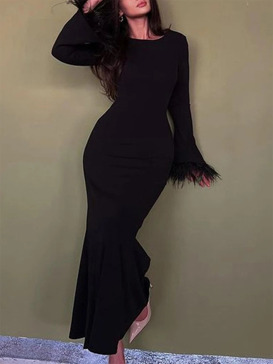 Solid Color Half High Neck Long Sleeve Bodycon Dress - Image 8