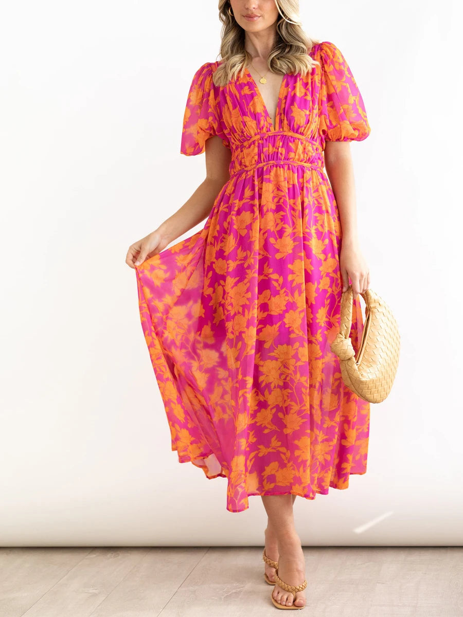 Women's Boho Floral Print A-line Midi Dress for Summer Beachwear