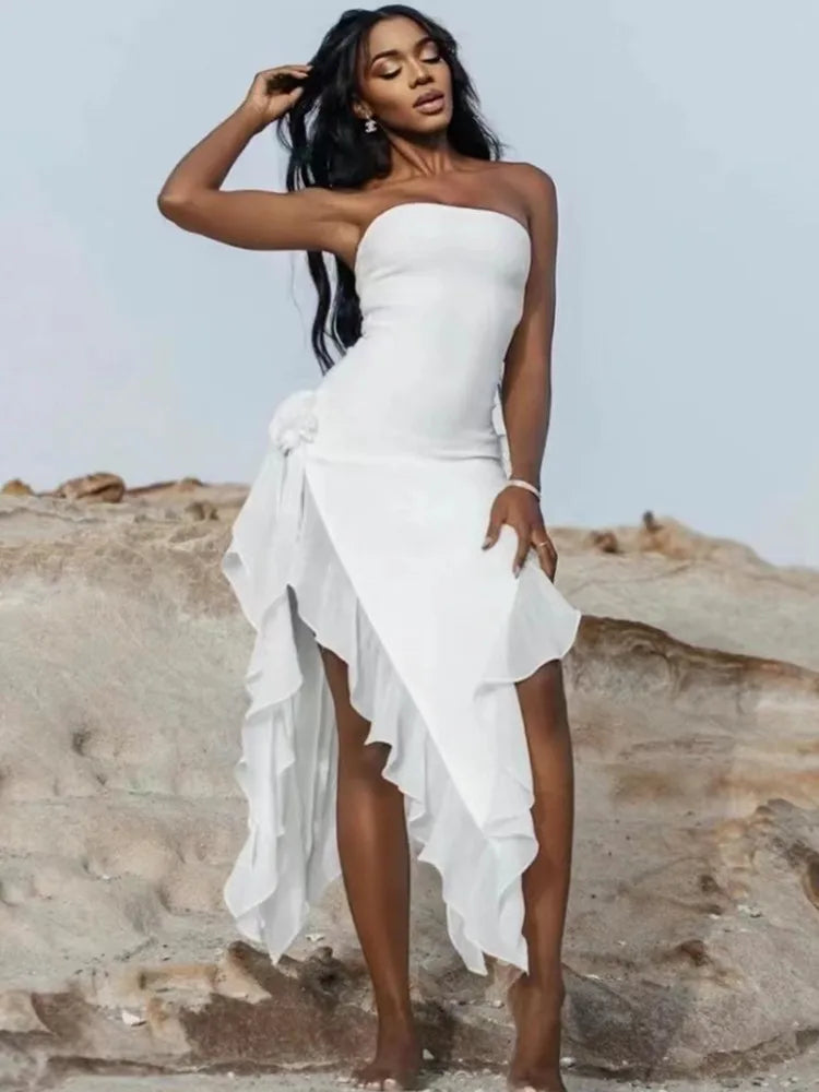 White Ruffles Strapless Backless Midi Dress for Summer Party