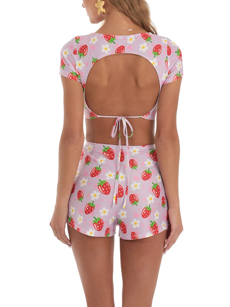 Strawberry Flower Print Summer Short Sets for Women