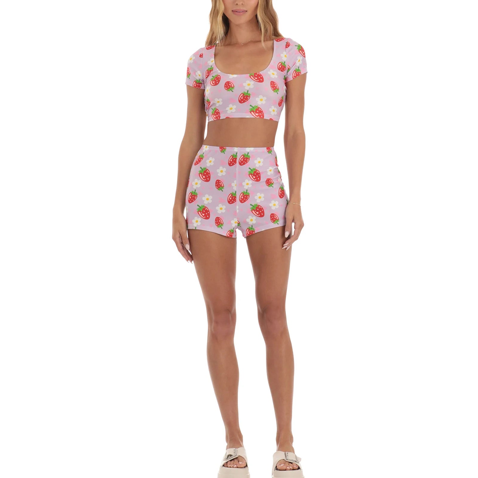 Strawberry Flower Print Summer Short Sets for Women - Image 2