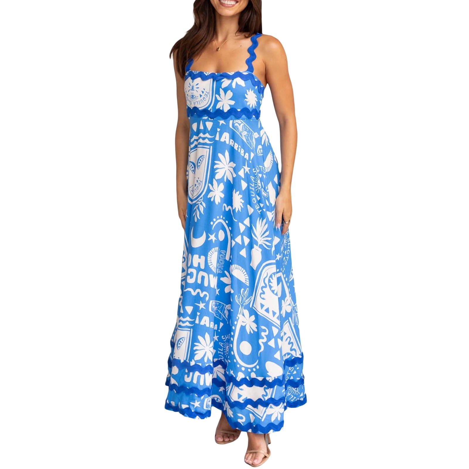 Bohemian Sleeveless Sun Print Maxi Dress for Summer Beach - Image 2
