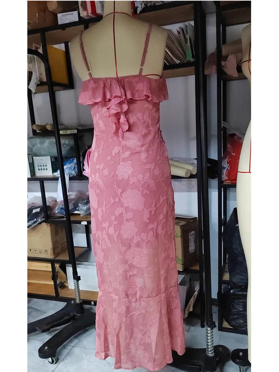 Floral Jacquard V Neck Ruffled Strap Dress for Women - Image 6