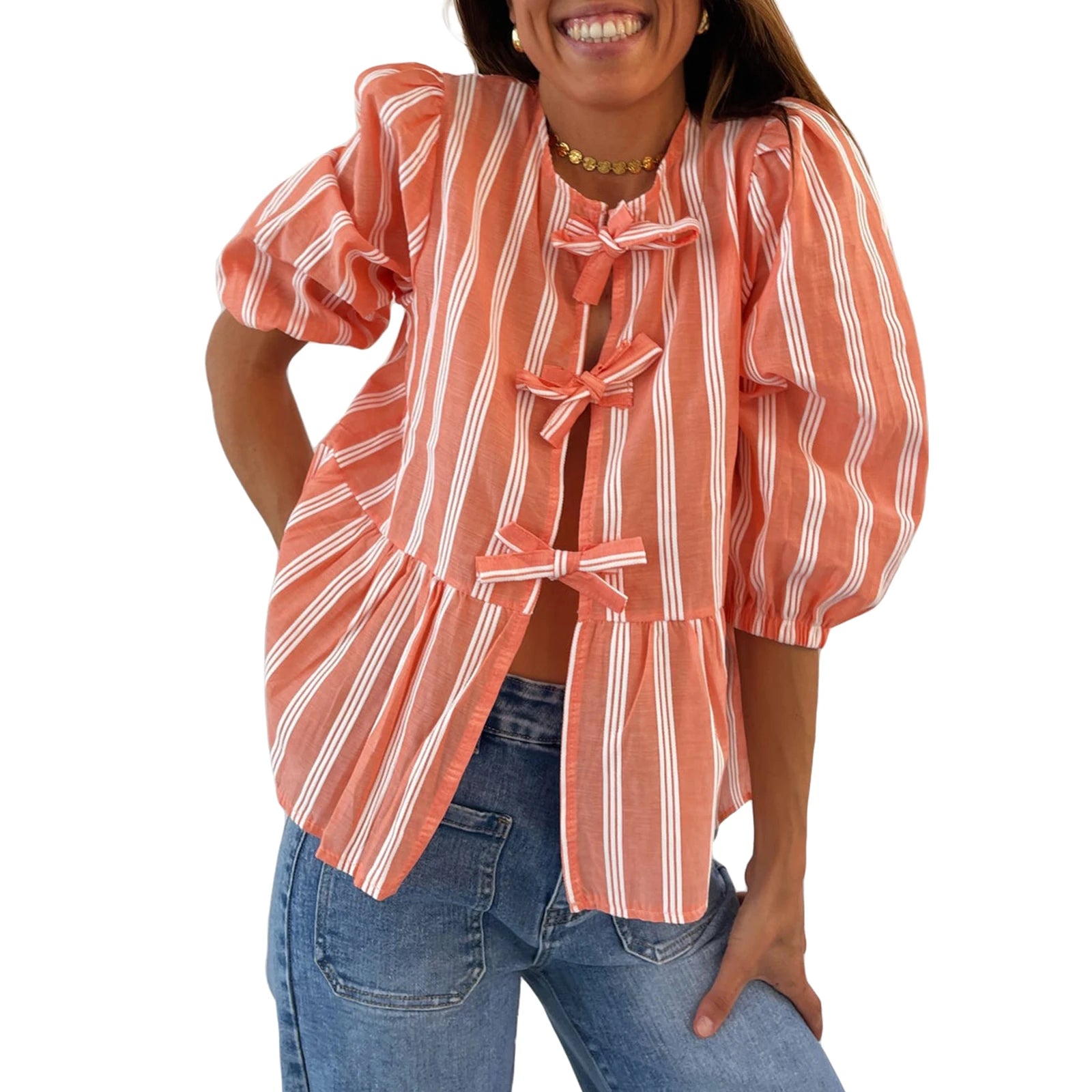 Stylish Women's Bow Tie Peplum Tops with 3/4 Sleeves - Image 2