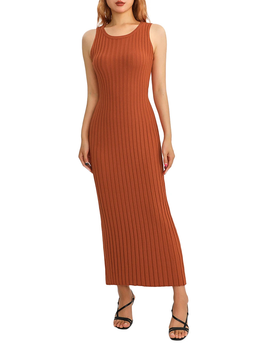 Pleated ribbed knit long dress for women, sleeveless swing dress - Image 6