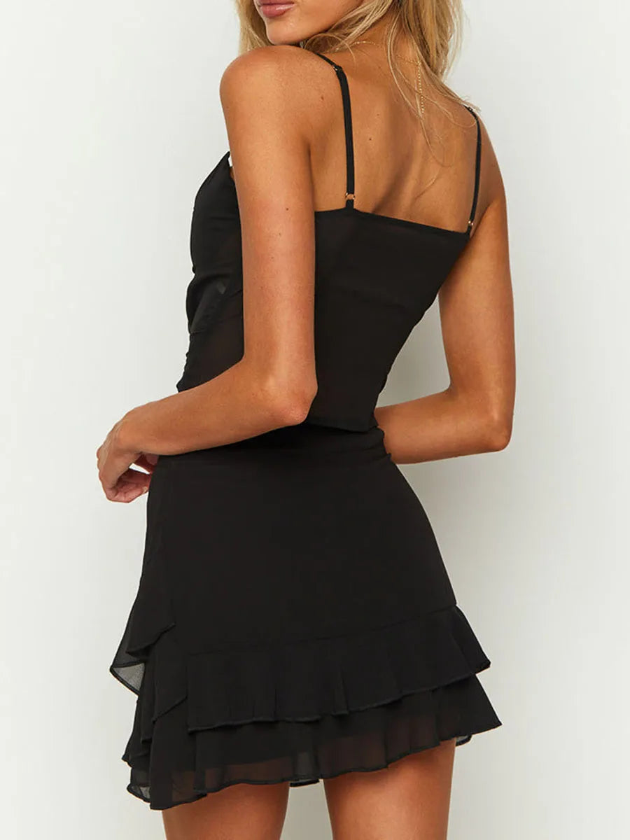 Stylish Ruffled Tie Front Top & Layered Mini Skirt Set - Image 3