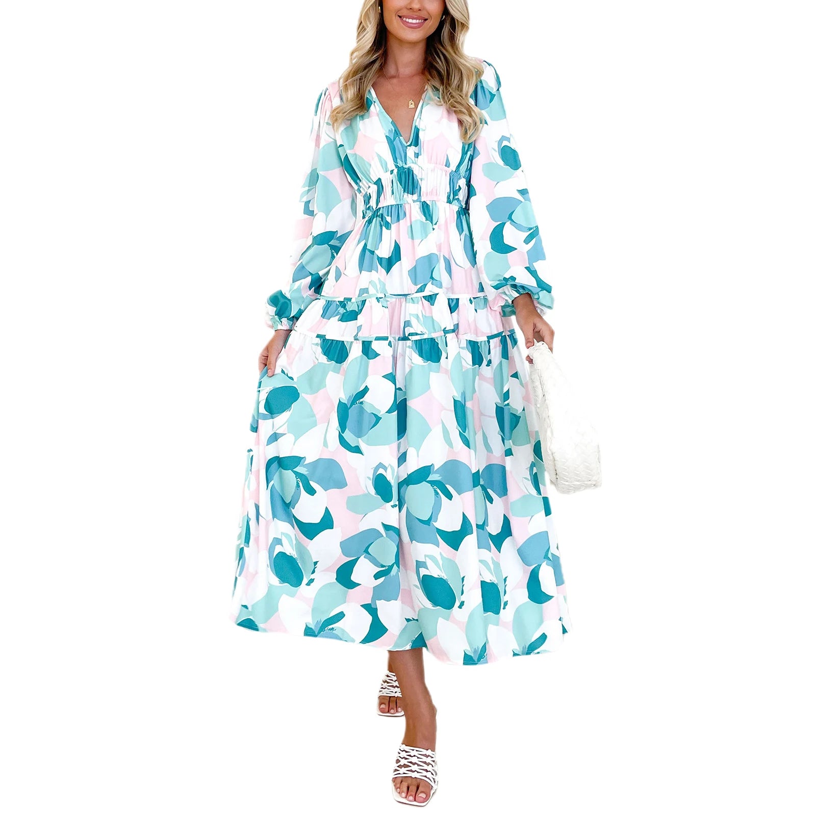 Casual Boho V Neck Flowy Ruffle Beach Sundress - Image 7