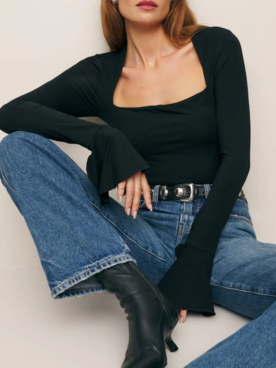 Square-Neck Long Sleeve Solid Color Women's Fall Top Blouse - Image 3