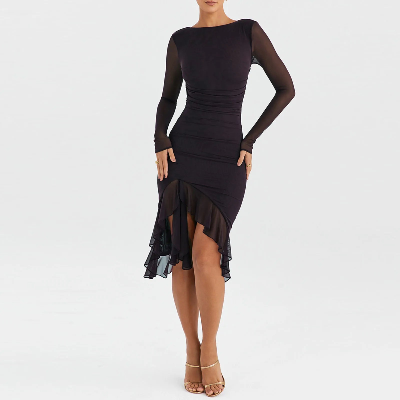 Patchwork Ruffles Bodycon Midi Dress: Solid Color Backless Party Dress - Image 4