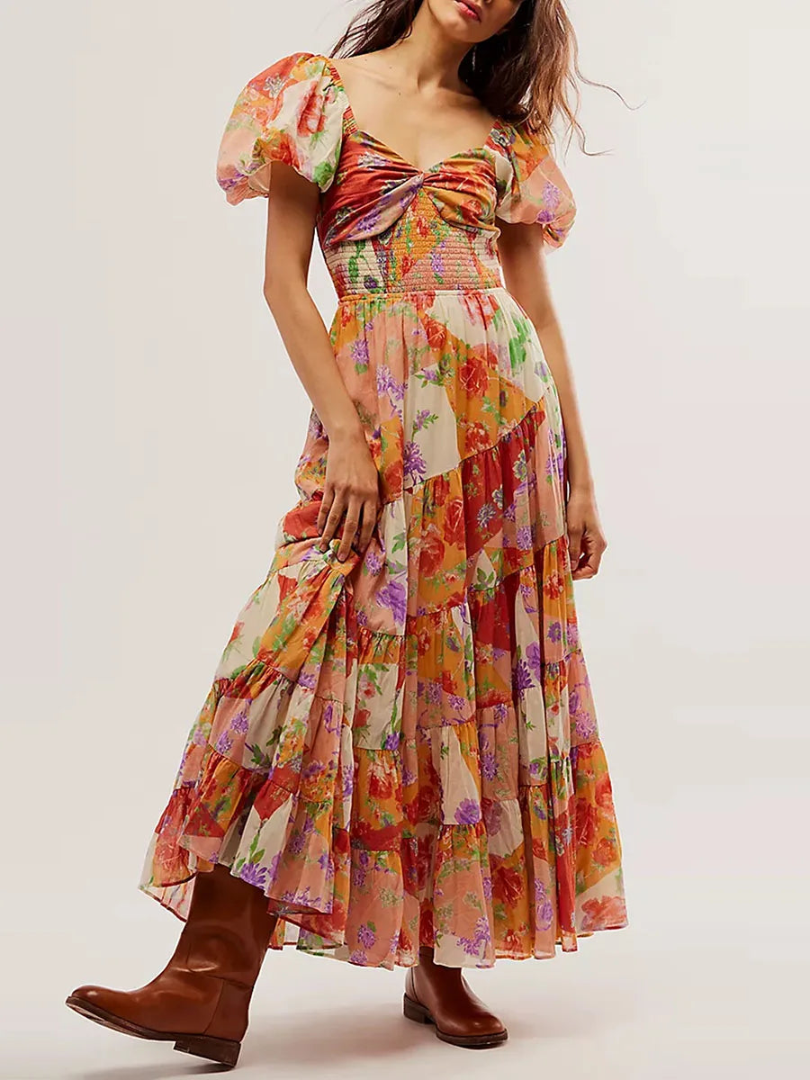 Bohemian floral print long dress for beach vacation
