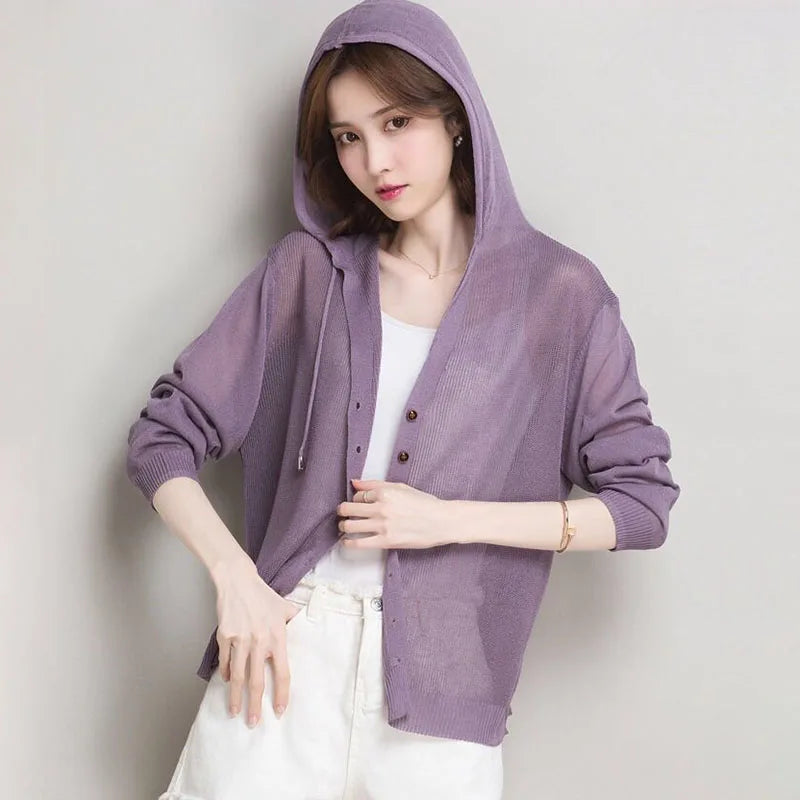 Women's Hooded Ice Silk Sweater: Korean Style Cardigan Jacket - Image 4