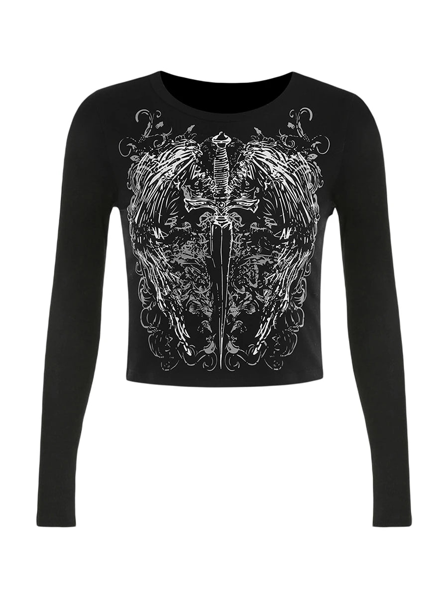 Halloween Gothic Crop Tops with Knife & Wing Print - Image 4