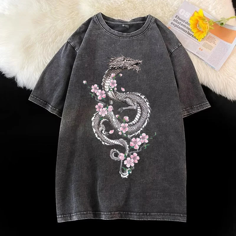 Vintage Dragon Flower Print Tee for Men - Summer Hip Hop Style