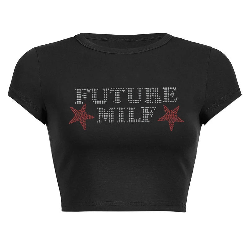 Rhinestone Bling Letters Print Crop Top Women's Streetwear Slim T-Shirt - Image 4