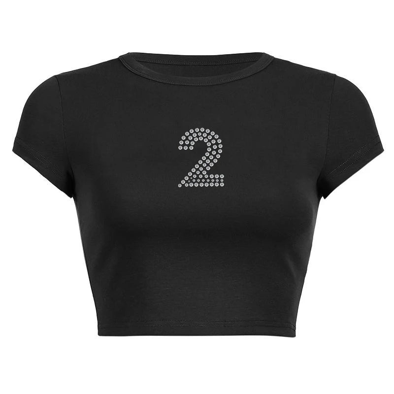 Rhinestone Bling Print Number Series Women's Crop Top Streetwear - Image 23