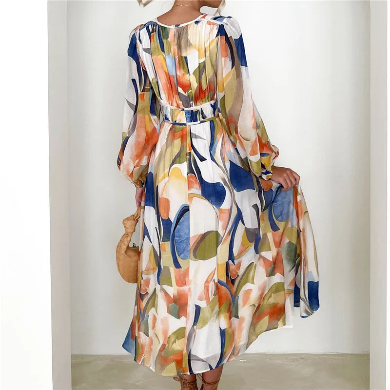Spring Floral V-Neck A-line Dress for Women Holiday Boho - Image 3