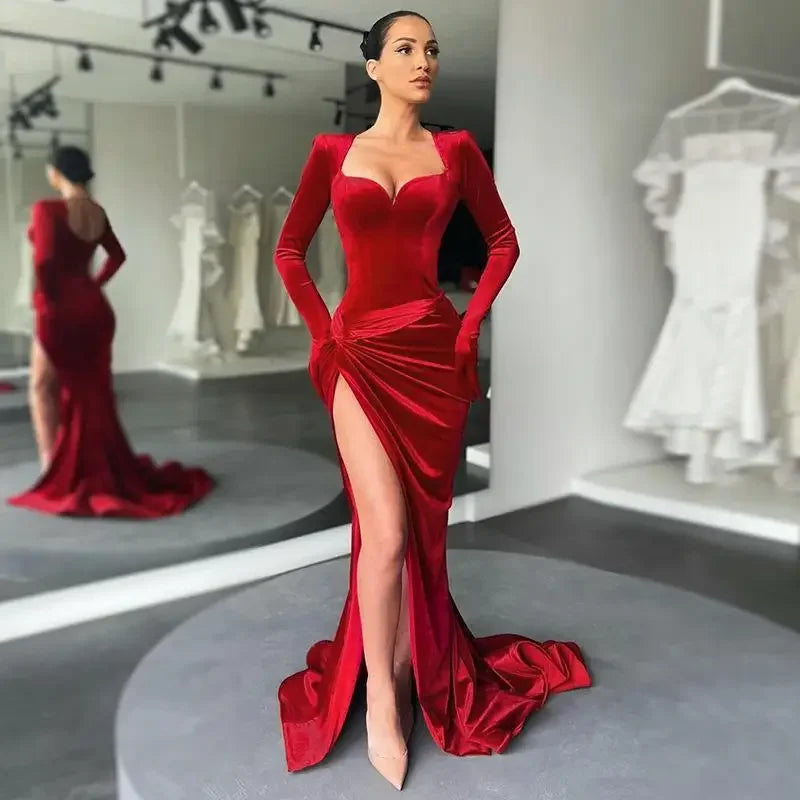 Velvet Long Sleeve Slit Maxi Club Dress for Women