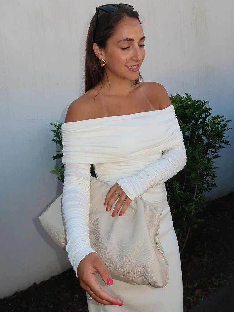 One Line Neck Slim Pleated Double Layer T-shirt Top Femme - Image 5
