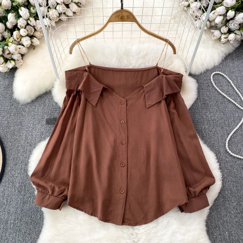 Shoulder Slash Neck Long Sleeve Streetwear Women's Blouses - Image 6